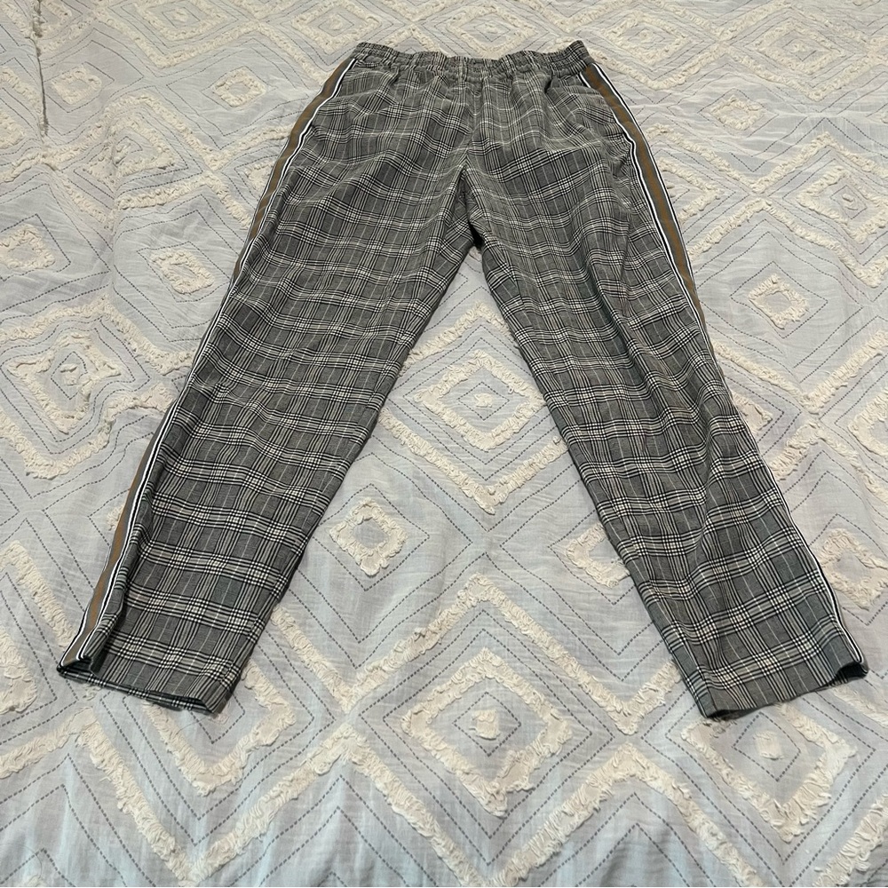Zara Basic Plaid Tapered‎ Pants Womens Medium Grey Glen Check Side Stripe 181